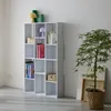 A white bookshelf with various items on it, including books, a lamp, and decorative objects, next to a potted plant. Anteprima dell’immagine prodotto
