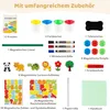 A flat lay of various accessories for a children's whiteboard or easel, including chalk, markers, magnets, and cleaning supplies. Produktbild-Vorschau