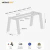 An illustration of a metal table base with dimensions and product feature icons at the bottom. Náhľad obrázku produktu