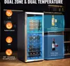 A dual-zone wine cooler with internal LED lighting and feature callouts. Produktbild-Vorschau