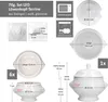 A collage of images showing different views and dimensions of a white ceramic terrine set with a lion head design. Produktbild-Vorschau