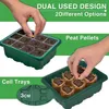 Two types of seed starting trays are shown, one with soil and seeds being planted, and another with peat pellets. The image highlights the dual-use design of the product. Náhľad obrázku produktu