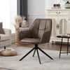 A brown upholstered chair with a swivel base is placed on a rug in a living room setting, with furniture and decor in the background. Produktbild-Vorschau