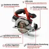 A diagram of a cordless circular saw with callouts highlighting its features. Produktbild-Vorschau