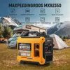 A portable generator is shown in a campsite setting with an RV and a tent in the background. Produktbild-Vorschau