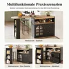 Collage of images showing a multifunctional rotating bar table/sideboard in different settings: a restaurant/dining room, and a living room. Produktbild-Vorschau
