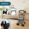 A rollator walker with a seat and bag is shown in a living room setting, with close-up insets highlighting features. Produktbild-Vorschau