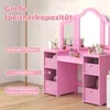A pink children's vanity table with a mirror and storage compartments, featuring text overlays highlighting its features. Náhled obrázku produktu