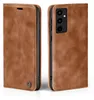 A brown leather flip case for a smartphone is shown from two angles. Produktbild-Vorschau