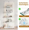 A tall, narrow glass display cabinet with LED lighting, filled with various decorative items and books. The right side of the image contains marketing text and graphics highlighting the safety glass features. Produktbild-Vorschau