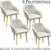 4 Stühle mit umlaufender Armlehne, Holzbeine und beigefarbenen Stoff auf Rückenlehne, Sitzpolster und Armlehne