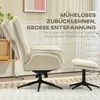A beige upholstered armchair with a matching ottoman is shown in a living room setting, with text overlays highlighting its features. Voir les images du produit