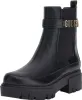 A black Guess boot with a chunky sole and a gold Guess logo on a strap. Voir les images du produit