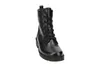 A black leather lace-up boot is shown from the front on a white background. Produktbild-Vorschau