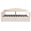 A beige upholstered daybed with storage, shown from the front with the mattress base visible. Produktbild-Vorschau