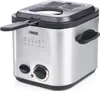 A silver and black deep fryer with a black lid and handle, shown from a slightly angled front view on a white background. Produktbild-Vorschau