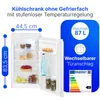An open refrigerator with food items inside, along with marketing text and graphics on the right side. Produktbild-Vorschau