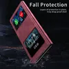 A red phone case with a flip cover is shown at an angle, with text overlays highlighting its features. Produktbild-Vorschau