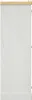 A side view of a white wooden wardrobe with a light wood top. Voir les images du produit