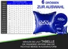A table showing pool cushion sizes and quantities, alongside marketing images of blue inflatable pool cushions. Produktbild-Vorschau