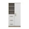 A product shot of a white and wood-colored bookshelf with drawers and a door. Náhľad obrázku produktu