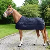 A brown horse wearing a navy blanket stands on a gravel path in a grassy, tree-lined area. Podgląd zdjęcia produktu