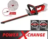 A red and black cordless hedge trimmer, presented with promotional graphics and text. Produktbild-Vorschau