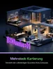A 3D rendering of a multi-story house interior with furniture and people, with large purple text overlay. Produktbild-Vorschau