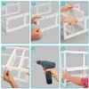 Collage showing the assembly steps for a white wooden shelf unit. Podgląd zdjęcia produktu