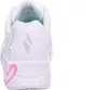 The back view of a white Skechers sneaker with colorful heart and swirl designs. Produktbild-Vorschau