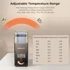 A 3D render of a filament dryer box with a table and a chart showing recommended drying temperatures for different filament types. Produktbild-Vorschau