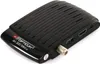 A black digital satellite receiver is shown from a diagonal angle on a white background. Produktbild-Vorschau