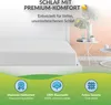 A white fitted sheet on a bed, with marketing text and icons below. Produktbild-Vorschau