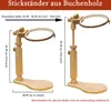 Two images of a wooden embroidery hoop stand, with dimensions indicated. Produktbild-Vorschau