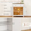 A white sideboard cabinet with its doors open, showing shelves with various items. Text overlays describe features and dimensions. Produktbild-Vorschau
