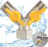 A Y-shaped splitter valve with yellow handles, surrounded by water splashes. Produktbild-Vorschau