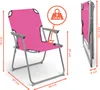A pink camping chair with dimensions and weight capacity indicated by text and graphics. Produktbild-Vorschau