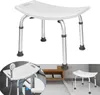 A white shower stool with adjustable legs is shown against a white background. A smaller inset image shows the stool in a bathroom setting with a shower head. Produktbild-Vorschau