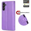 A collage of images showing a purple flip phone case for a Samsung Galaxy A05s, with a close-up of the magnetic closure and a logo. Produktbild-Vorschau