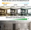 Collage showing a ceiling light in different color temperatures and two different room settings. Produktbild-Vorschau