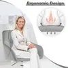 A woman is sitting in a gray office chair, with an illustration of the spine and pelvis in a circle above the chair, highlighting ergonomic design. Produktbild-Vorschau