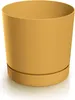 A mustard yellow plastic plant pot with a matching saucer, isolated on a white background. Náhled obrázku produktu