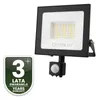 A black LED floodlight with a motion sensor attached, shown against a white background. A green badge with white text indicating a 3-year warranty is present in the lower-left corner. Produktbild-Vorschau