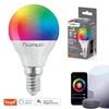 A smart LED light bulb with a colorful display, its packaging, and smart home devices. Produktbild-Vorschau