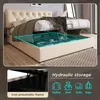 A bed with hydraulic storage is shown, with a diagram highlighting the storage space and icons indicating what can be stored. A close-up of the iron pneumatic frame is also shown. Náhled obrázku produktu