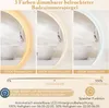 A collage of three images showing a round LED bathroom mirror with different light color temperatures, along with text and icons explaining its features. Produktbild-Vorschau