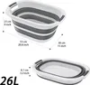 A collapsible laundry basket is shown in two states: fully open with dimensions indicated, and folded flat. The text indicates the capacity. Voir les images du produit