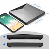 A smartphone is shown charging on a wireless charger, with dimensions indicated for the charger. Below, two side views of the charger are displayed. Produktbild-Vorschau