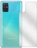 The back of a turquoise Samsung Galaxy A51 smartphone is shown next to a clear protective film for its back. Náhled obrázku produktu