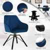 A blue velvet chair with a black metal base, shown with close-ups of its features and text descriptions. Produktbild-Vorschau